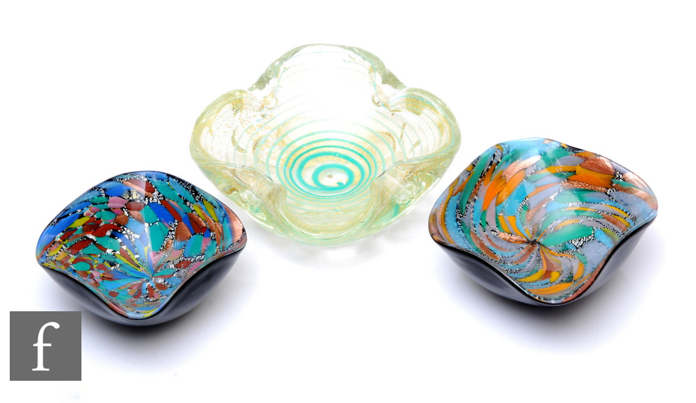 A 20th Century Murano glass moulded glass dish, of quatrefoil form with internal blue spiral over