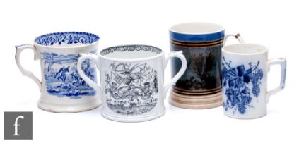 A collection of 19th Century mugs, to include a Mochaware 'Tree' pint mug, height 15cm, a 'God Speed