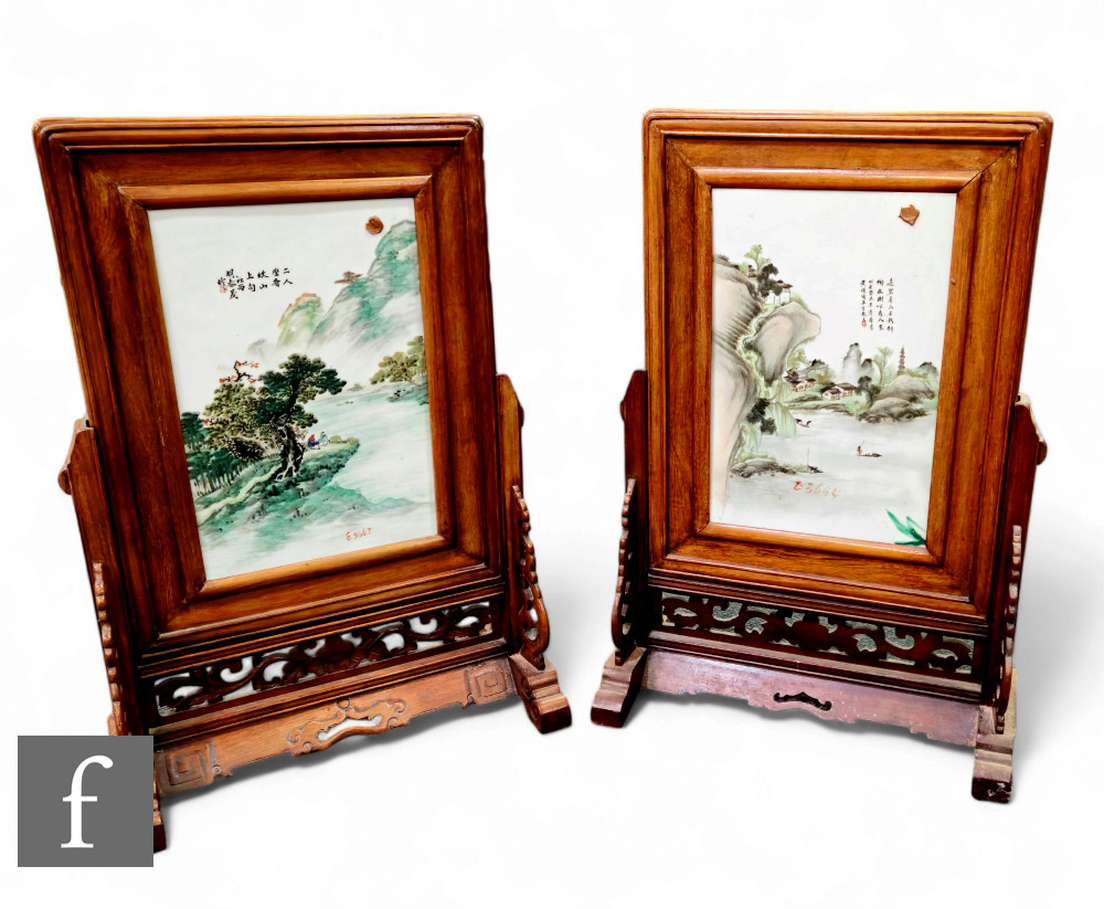A pair of Chinese late Qing Dynasty/Republic period framed porcelain plaques, each painted in