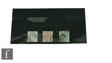 Three Victoria stamps, 2/6, 5 shillings and 10 shillings. (3)