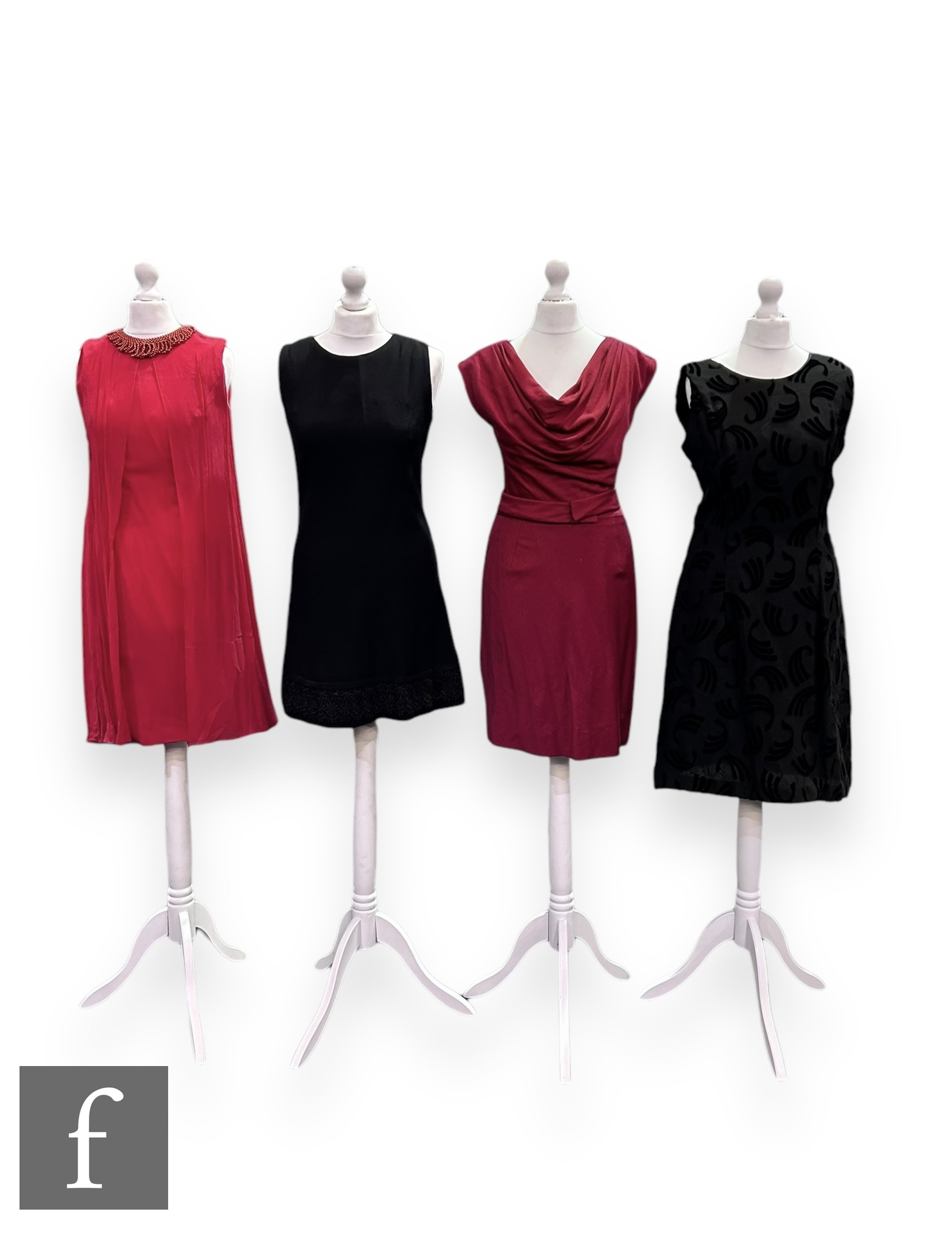 Four 1960s vintage evening/cocktail dresses, to include a black crepe shift mini dress with a band