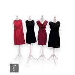 Four 1960s vintage evening/cocktail dresses, to include a black crepe shift mini dress with a band