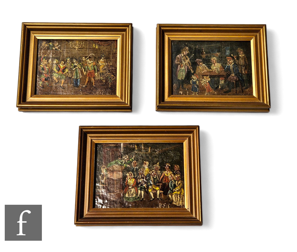 A collection of 19th Century English School paintings, each depicting a tavern scene, ball and