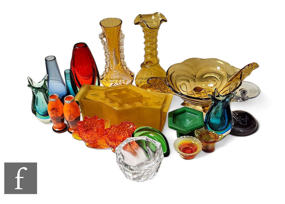 A large collection of assorted 20th Century decorative art glass, to include an amber vase hand