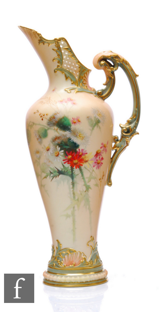 A large late 19th Century Royal Worcester porcelain ewer circa 1899, shape 1587, of slender