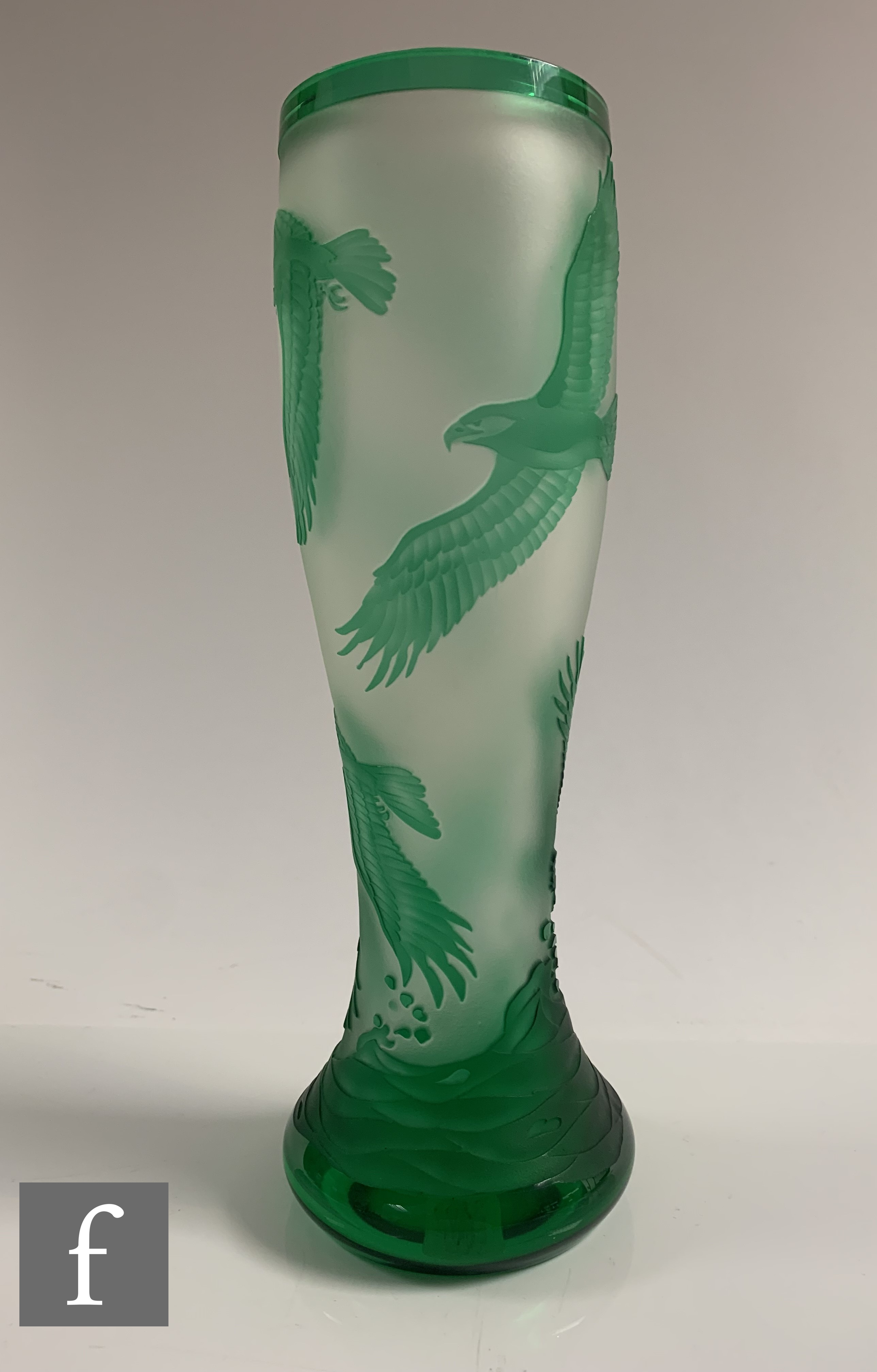 A later 20th Century cameo glass vase of footed swollen sleeve form, cased in green over clear - Image 2 of 5
