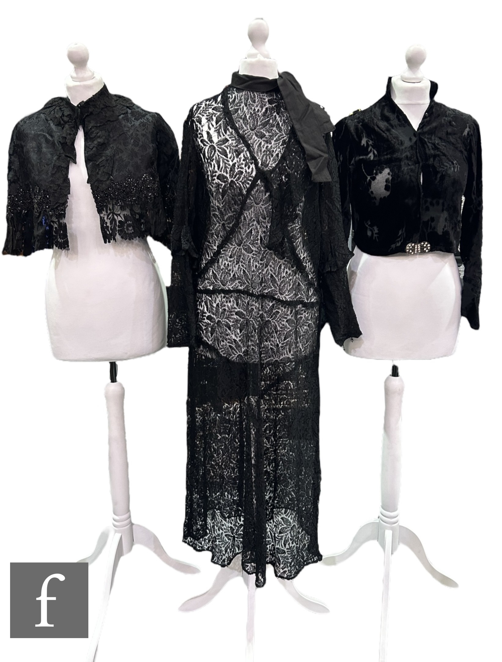 A collection of Victorian and later garments, to include a black satin cape/mourning cape, the