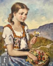 HUNGARIAN SCHOOL (MID 20TH CENTURY) - A young girl with a basket of flowers, oil on canvas, signed