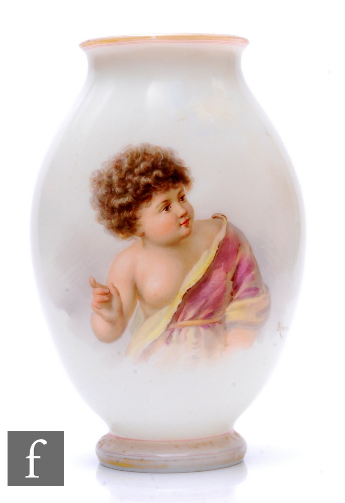 A 19th Century Bohemian opal glass vase by Josef Ahne, the footed compressed ovoid body with