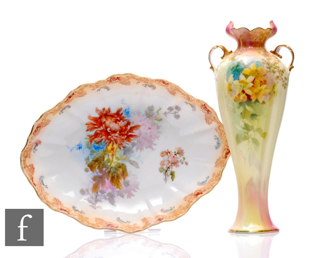 Two Doulton Burslem porcelain items, to include a twin handled tapered vase, with scalloped