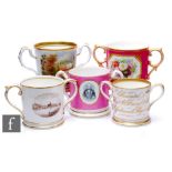 A collection of 19th Century English porcelain twin-handled porter mugs, to include Grainger &