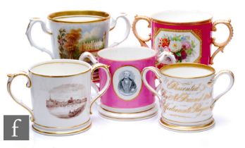 A collection of 19th Century English porcelain twin-handled porter mugs, to include Grainger &