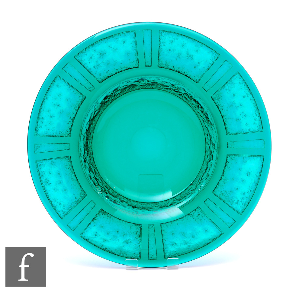 An Art Deco Daum Nancy large glass dish, of shallow circular form, with deep acid etched panels to