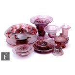 A collection of 1930s Davidsons amethyst Cloud Glass, to include a large footed and flared vase,