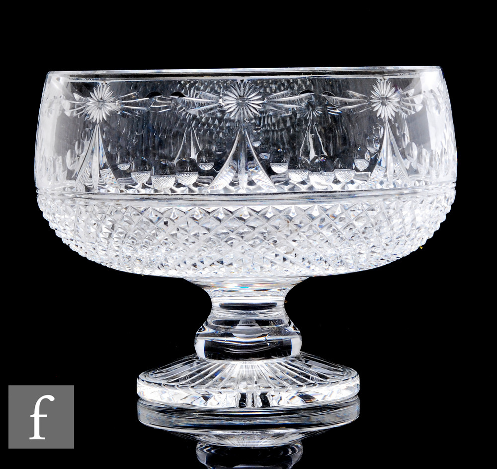 A later 20th Century Stuart & Sons clear crystal pedestal punch bowl, in the Beaconsfield pattern,