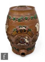 A 19th Century stoneware port barrel, relief moulded with crest and pennant titled PORT, picked