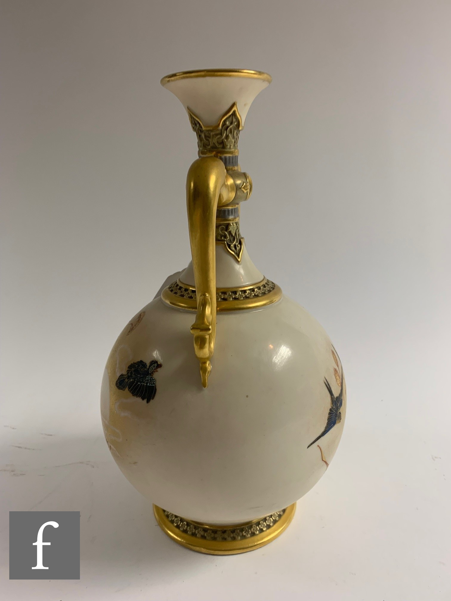 A Royal Worcester twin handled Persian style vase, dated 1883, by Charles Baldwyn, painted with - Image 2 of 9
