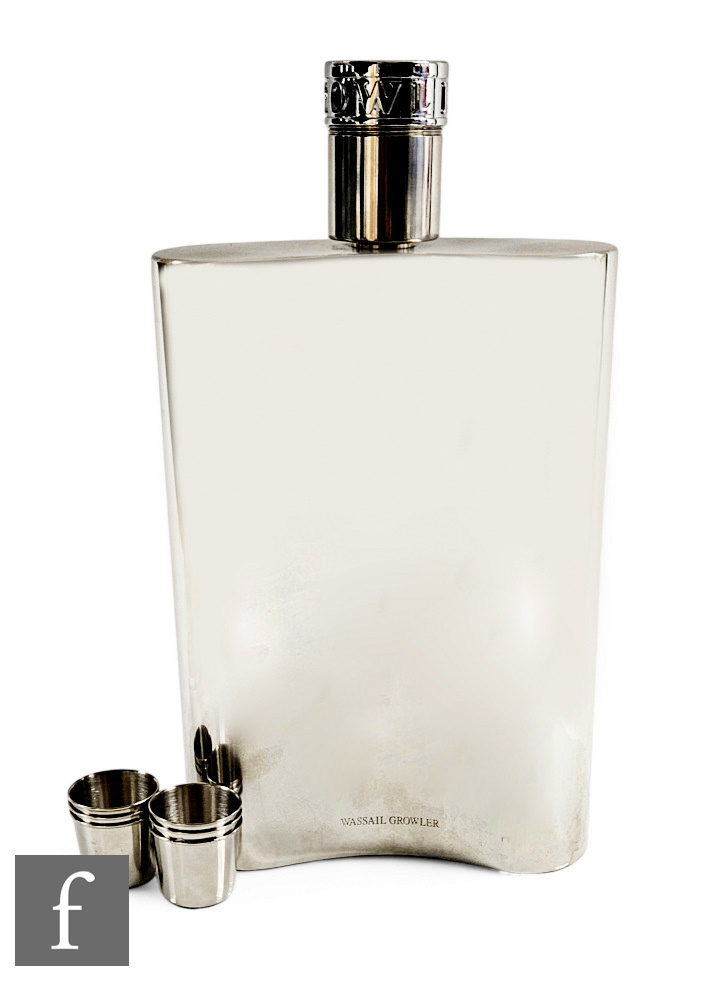 A oversized 'Wassail Growler' stainless steel hip flask, height 44.5cm, the screw top housing six