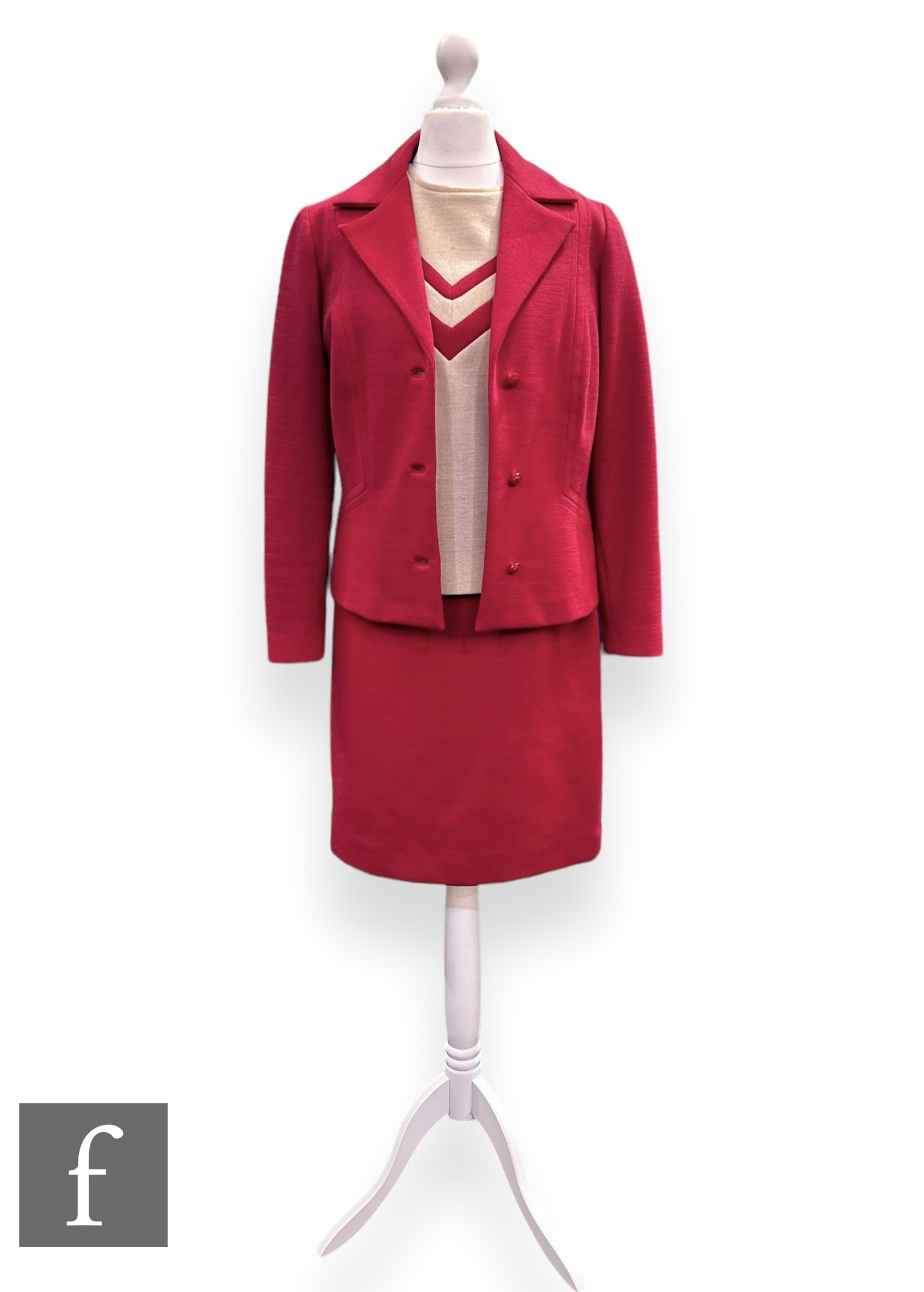 A 1960s vintage red three piece suit, comprising structured jacket with button fastening, pencil