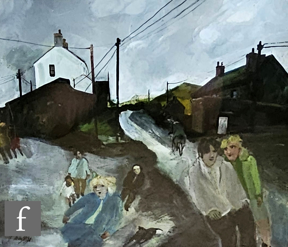 GILL WATKISS (BORN 1938) - A Cornish village scene, oil on board, signed, framed, 32cm x 38.5cm,