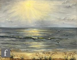 MARY COULTER (AMERICAN, 1880-1966) - 'Morning', coastal scene with seagulls and rising sun, oil on