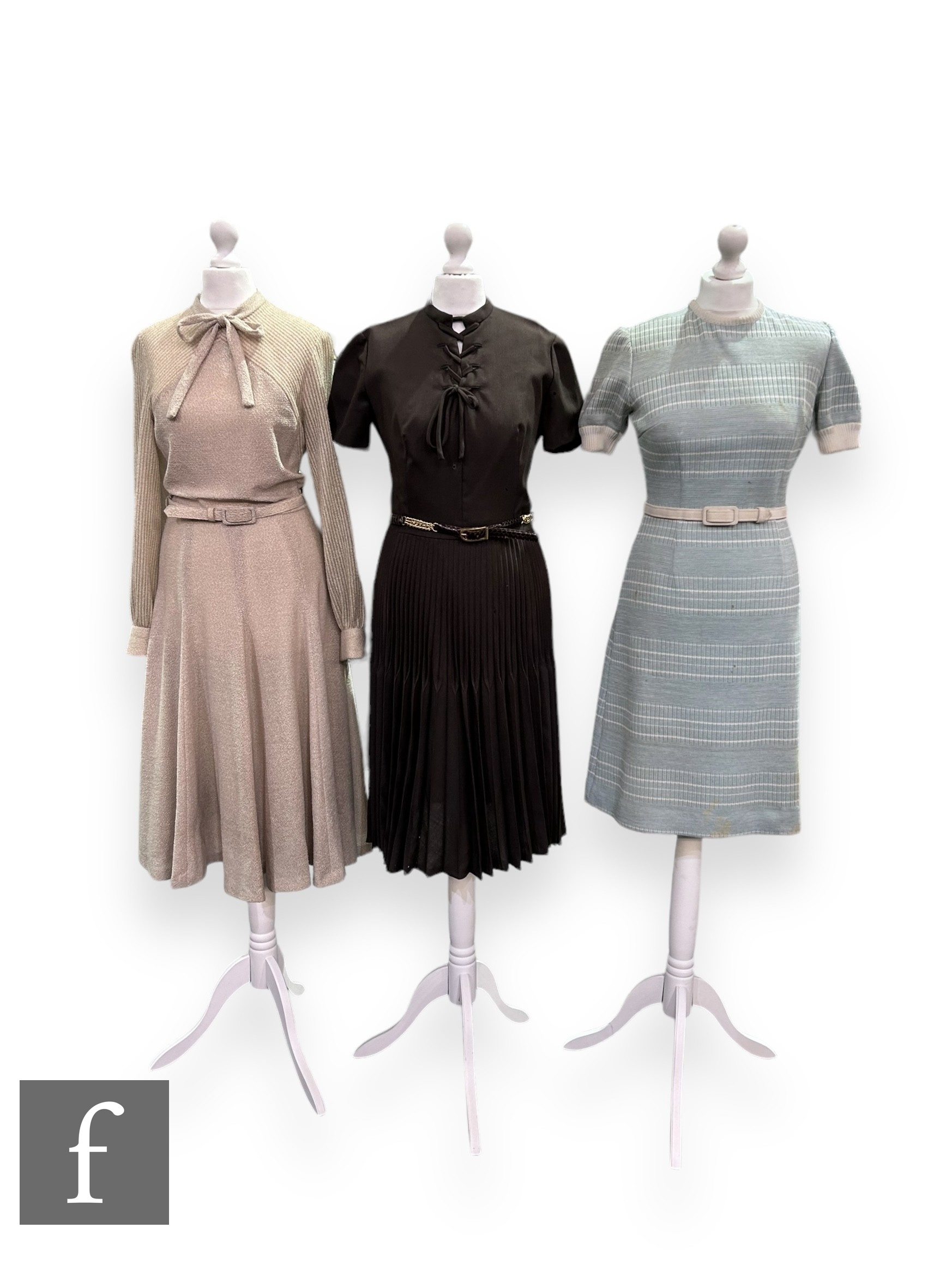 Three 1970s vintage dresses, to include a short sleeve brown midi dress with lace up detail to the