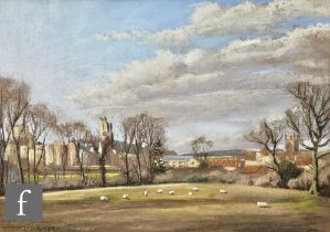 G. V. GOSLING (CONTEMPORARY) - Sheep in a field with view of a village beyond, pastel drawing,