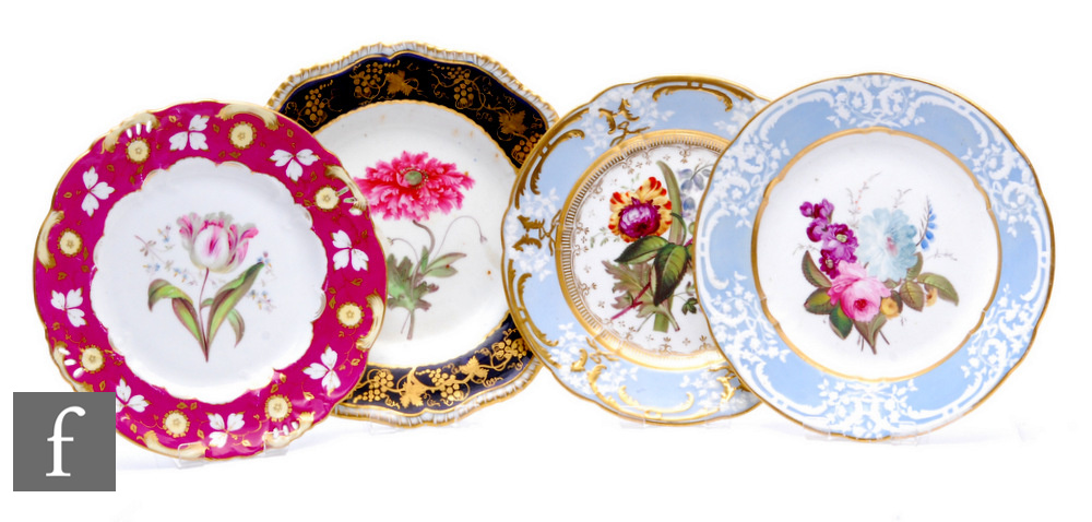 A collection of 19th Century English porcelain cabinet plates, all with varying botanical scenes,