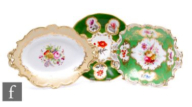 A collection of 19th Century Coalport dishes, all decorated with botanical designs, with green and