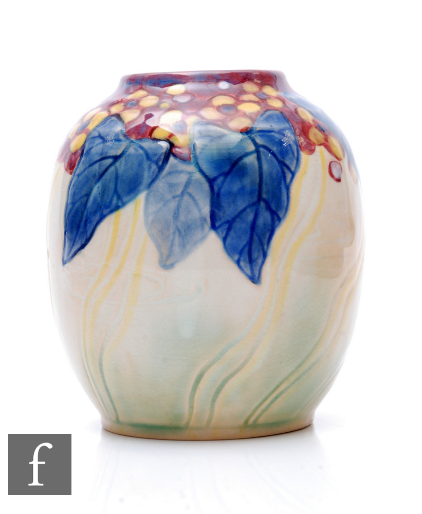 A small 1930s Royal Doulton Art Deco pottery vase of ovoid form, relief moulded with flowers and