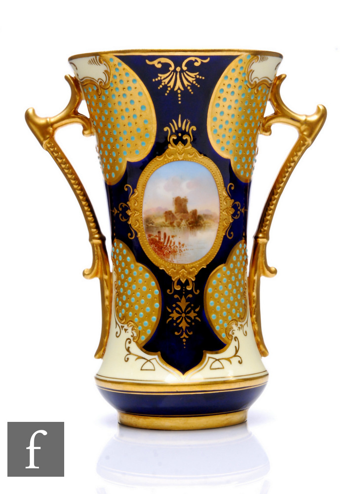 A Coalport 'Jewelled' porcelain vase, circa 1900, of waisted form, flanked by twin solid gilt