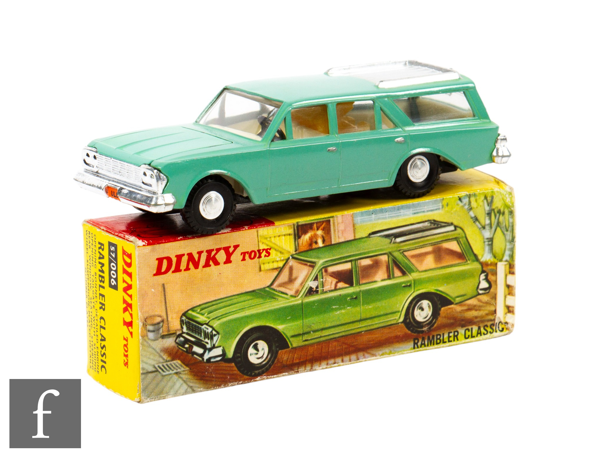 A Dinky 57/006 Rambler Classic Station Wagon in green with silver rear roof panel, ivory interior