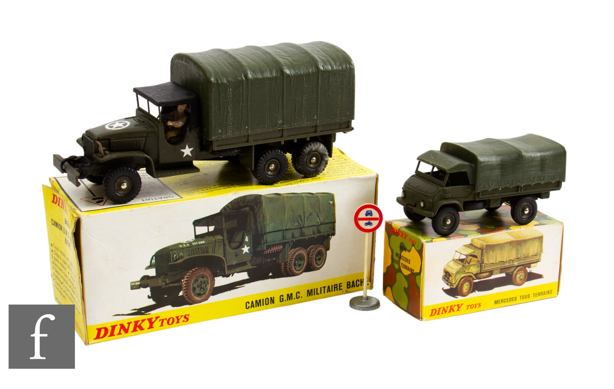 Two French Dinky diecast military models, 809 GMC Covered Truck and 804 Mercedes All Terrain Covered