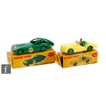 Two Dinky Toys diecast model cars, 163 Bristol 450 Coupe in green body with mid-green ridged hubs