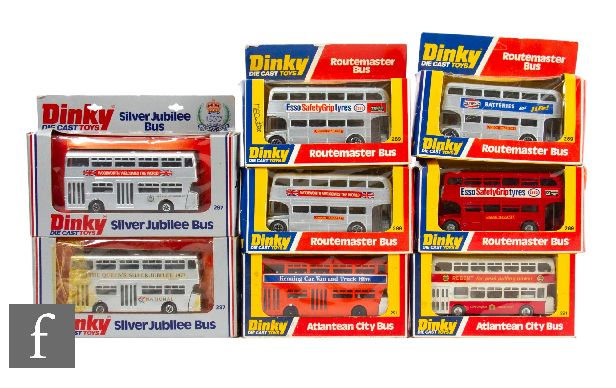 A collection of Dinky diecast buses to include two No. 291 Atlantean City buses, two No. 297