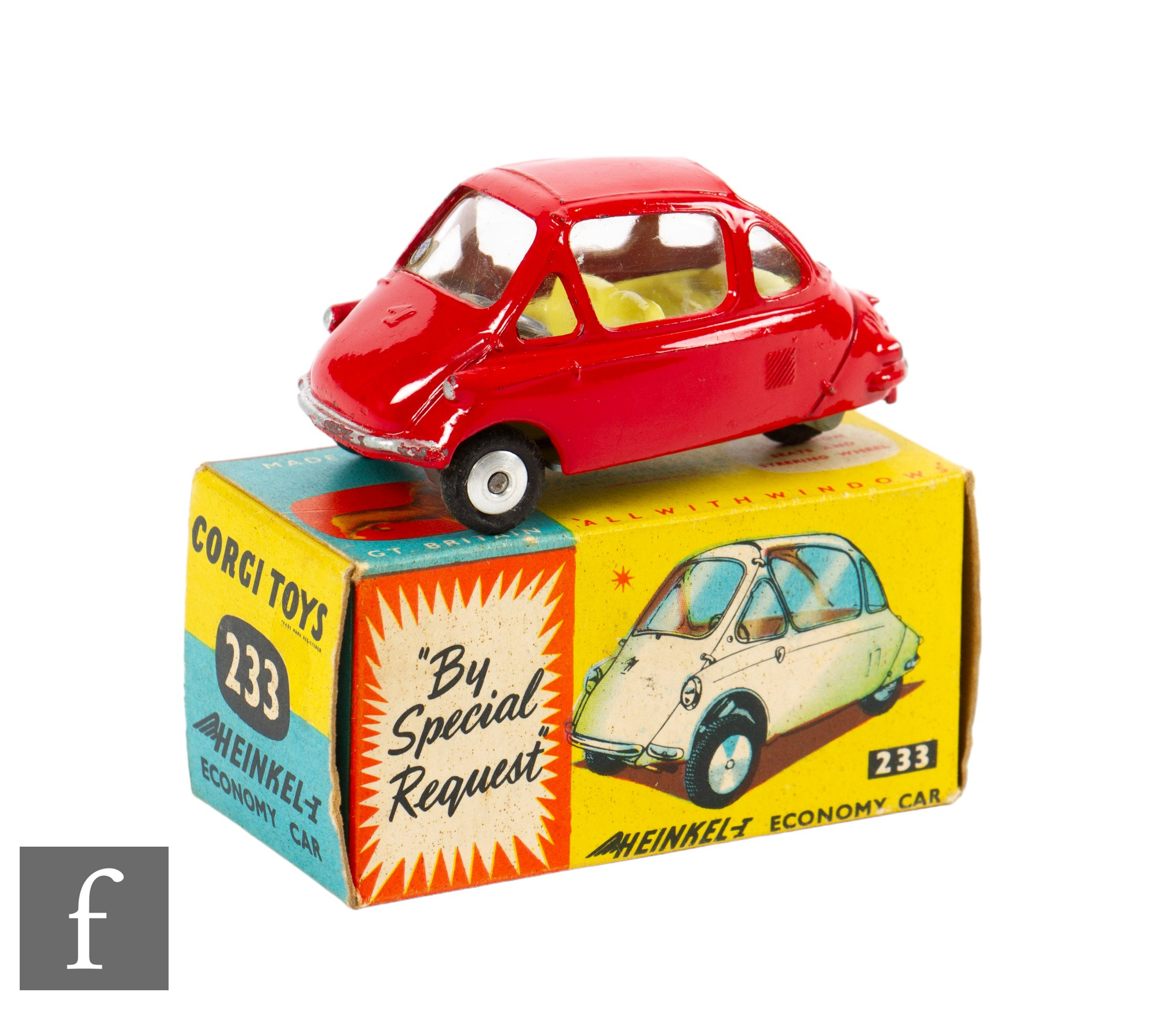 A Corgi 233 Heinkel Economy Car in red with lemon interior and flat spun hubs, boxed.