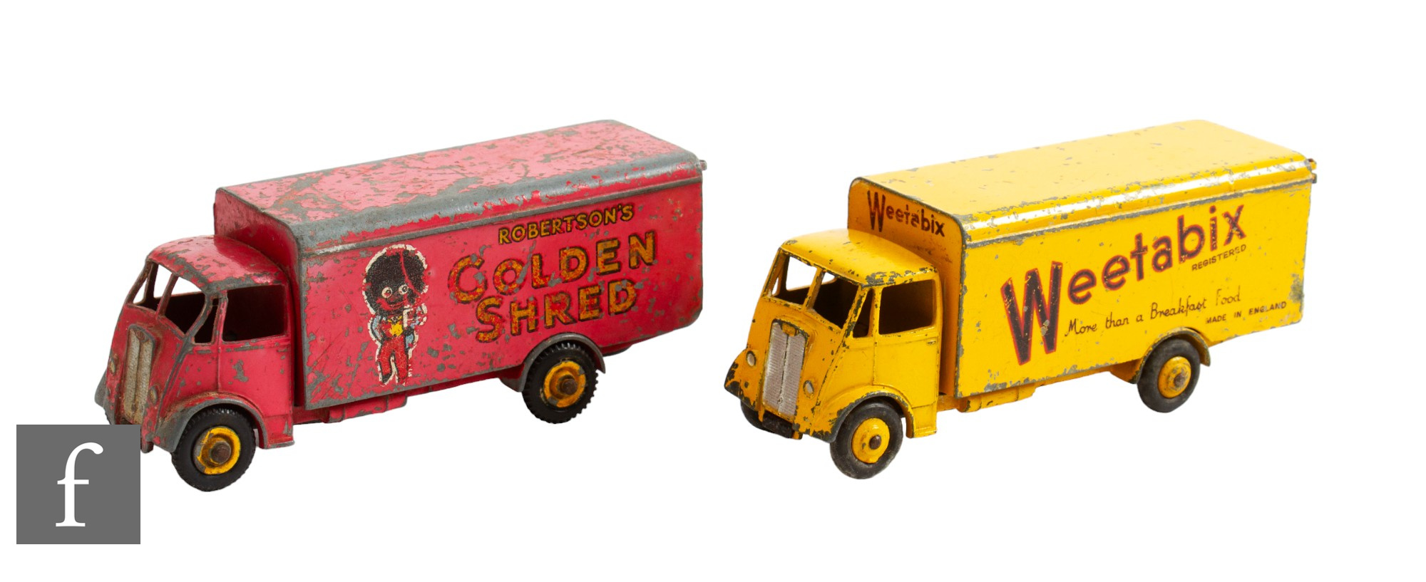 Two Dinky diecast models, 514 Guy Van 'Weetabix' in yellow including ridged hubs, and 919 Guy Van '