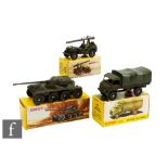 Three French Dinky diecast military models, 804 Mercedes All Terrain Covered Truck, 829 Jeep with