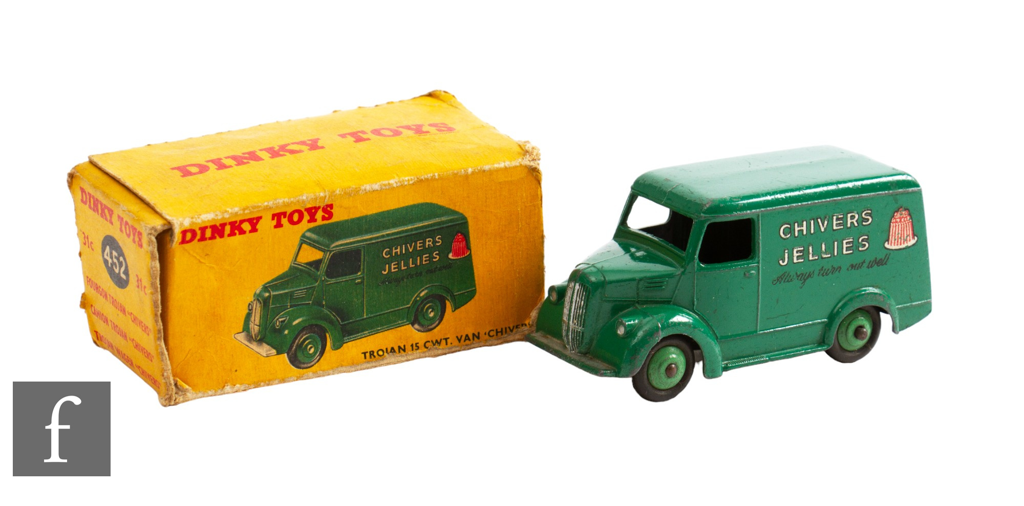 A Dinky 452 Trojan Van 'Chivers Jellies', in green with mid-green ridged hubs, boxed.