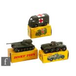 Three French Dinky diecast military models, 80A EBR Panhard, 80C AMX Tank, and 80F Renault