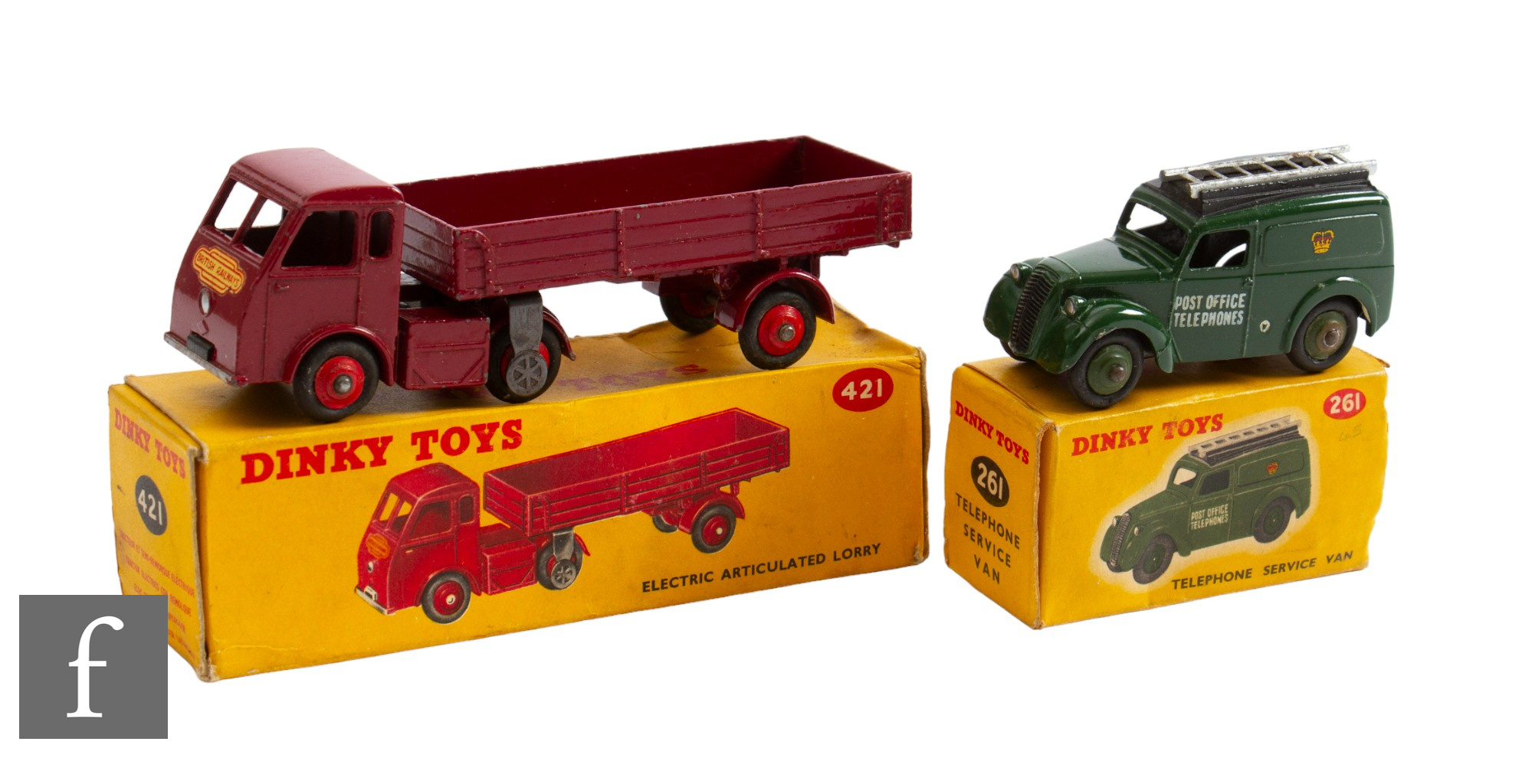 Two Dinky diecast models, 421 Electric Articulated Lorry 'British Railways' in maroon with red hubs,
