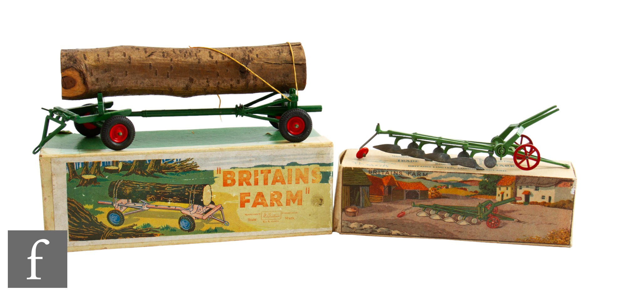 Two Britains Farm Series models, 138F Four Furrow Plough and 129F Timber Trailer, both boxed. (2)