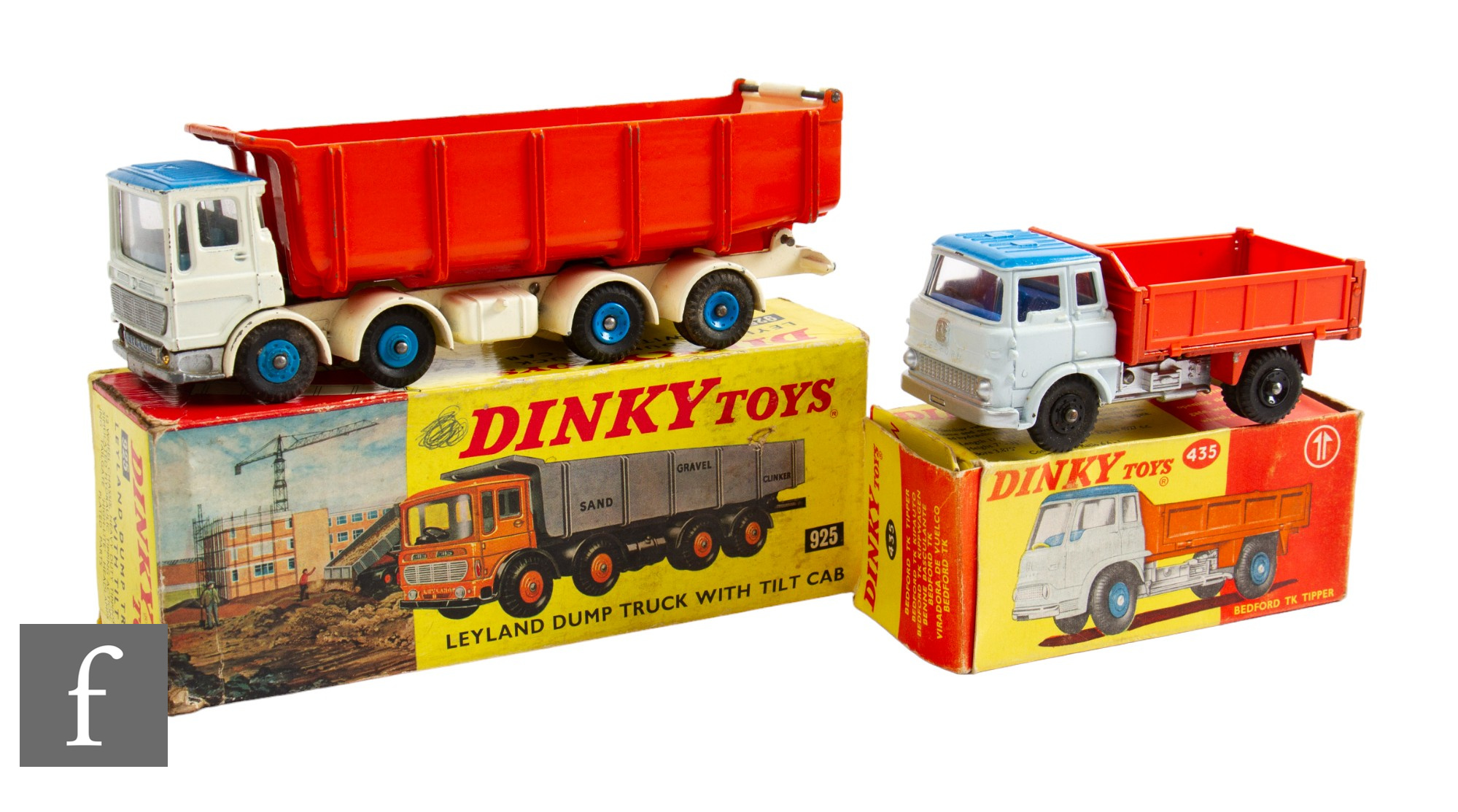 A Dinky 925 Leyland Dump Truck with Tilt Cab, with off white cab and chassis, blue cab roof, blue