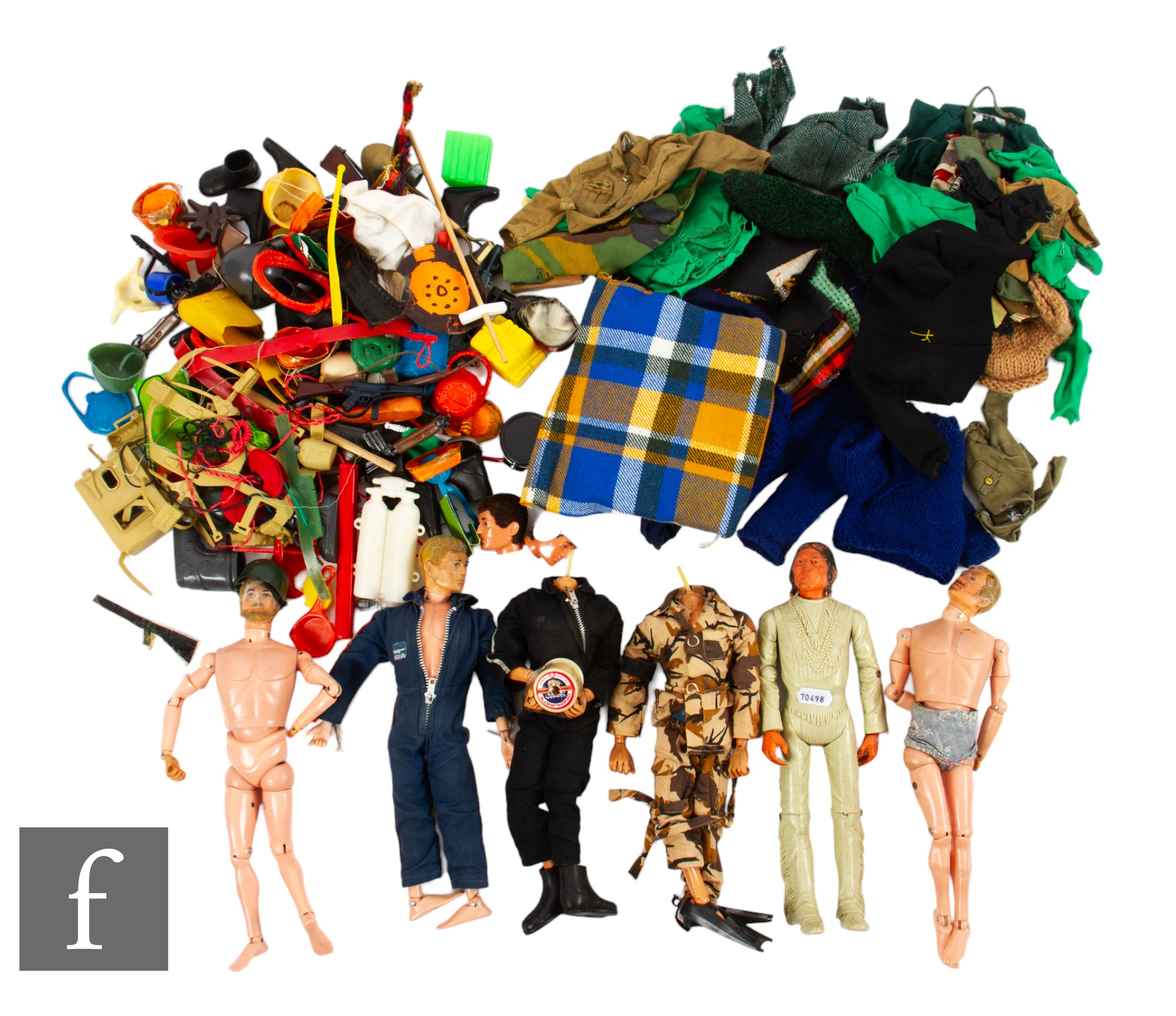 Five Palitoy Action Man action figures (two with heads detached), and a Marx Best of the West