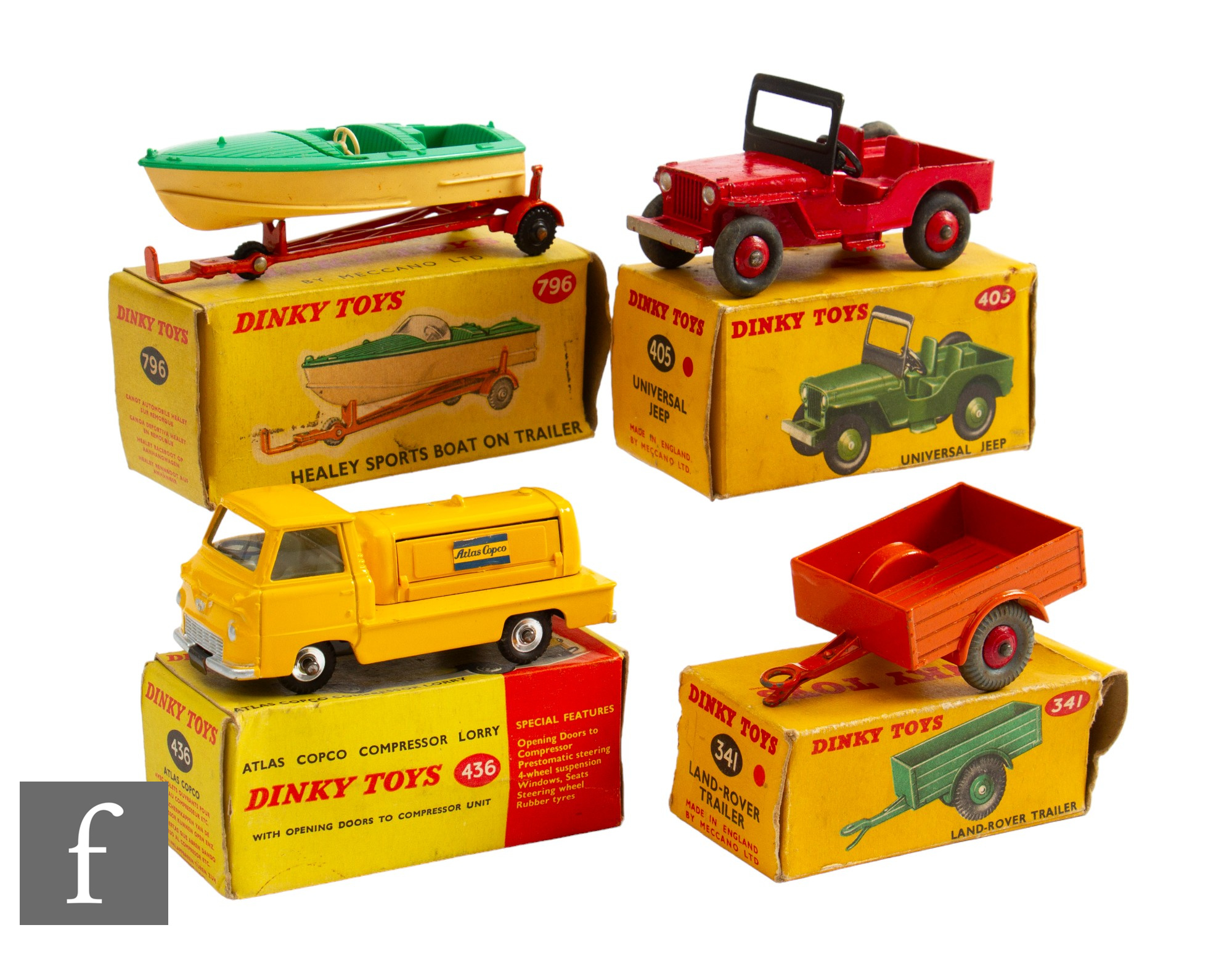 A collection of Dinky diecast models, 405 Universal Jeep in red, 436 Atlas Copco Compressor Lorry in