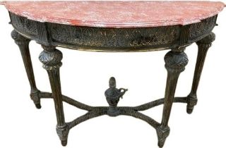 A pair of Louis XV style demi-lune Console Tables, the shaped tops with assimilated rouge marble