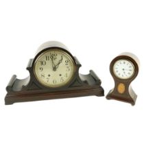 A large Edwardian mahogany shaped Mantle Clock; together with an attractive small inlaid Mantle