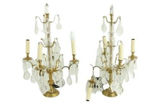 A pair of brass and glass four branch Table Lamps, with lustre drops, 24'' (61cms), (an arm as