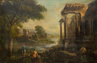 Attributed to Andrea Locatelli (Italian 1695 - 1741) "Figures resting by a Capriccio in a Romantic