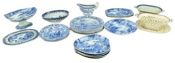 A fine collection of blue and white porcelain comprising a pair of Riley Hollywell Cottage Cavan